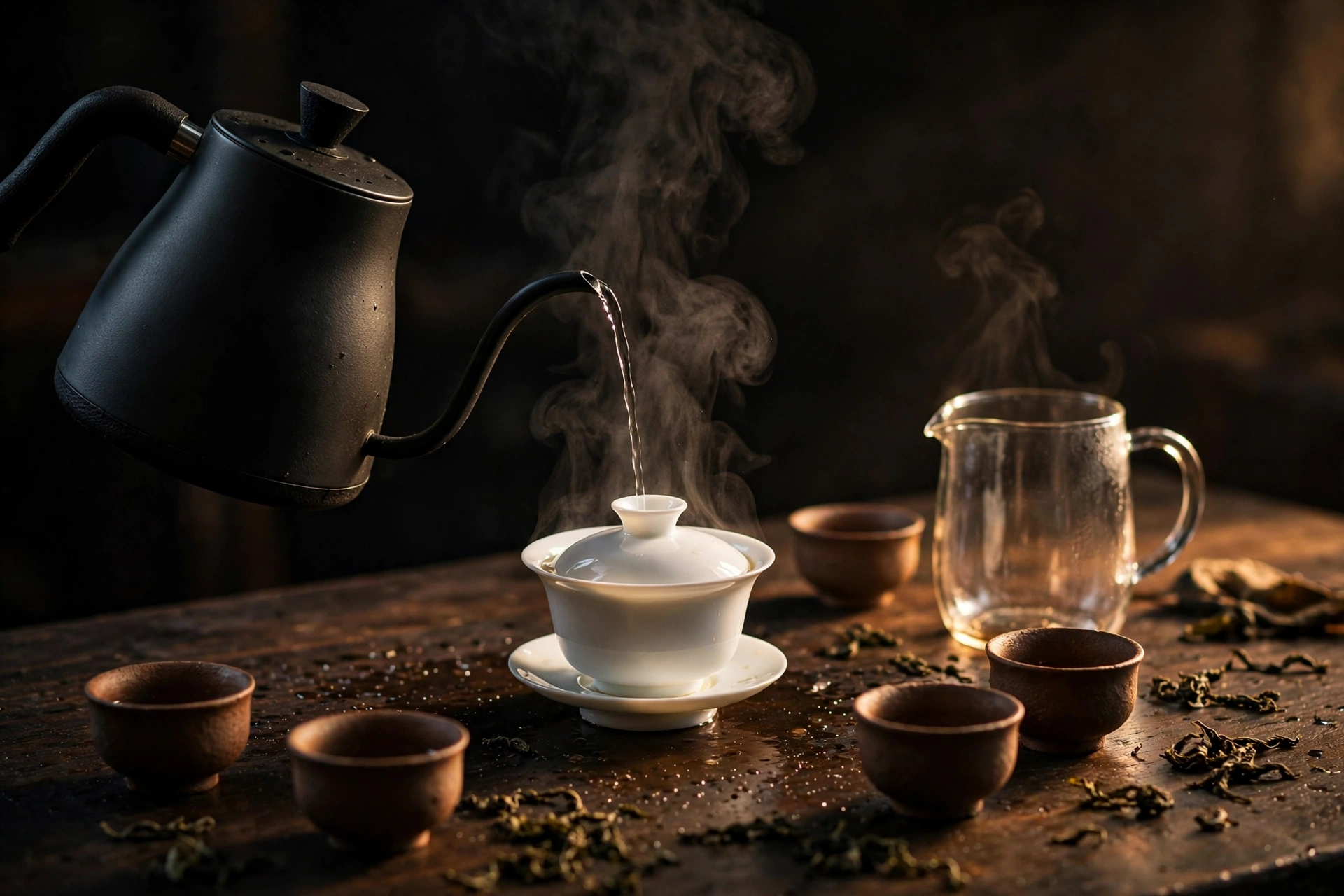Gooseneck kettle pouring steaming water into a gaiwan on a dark tea table