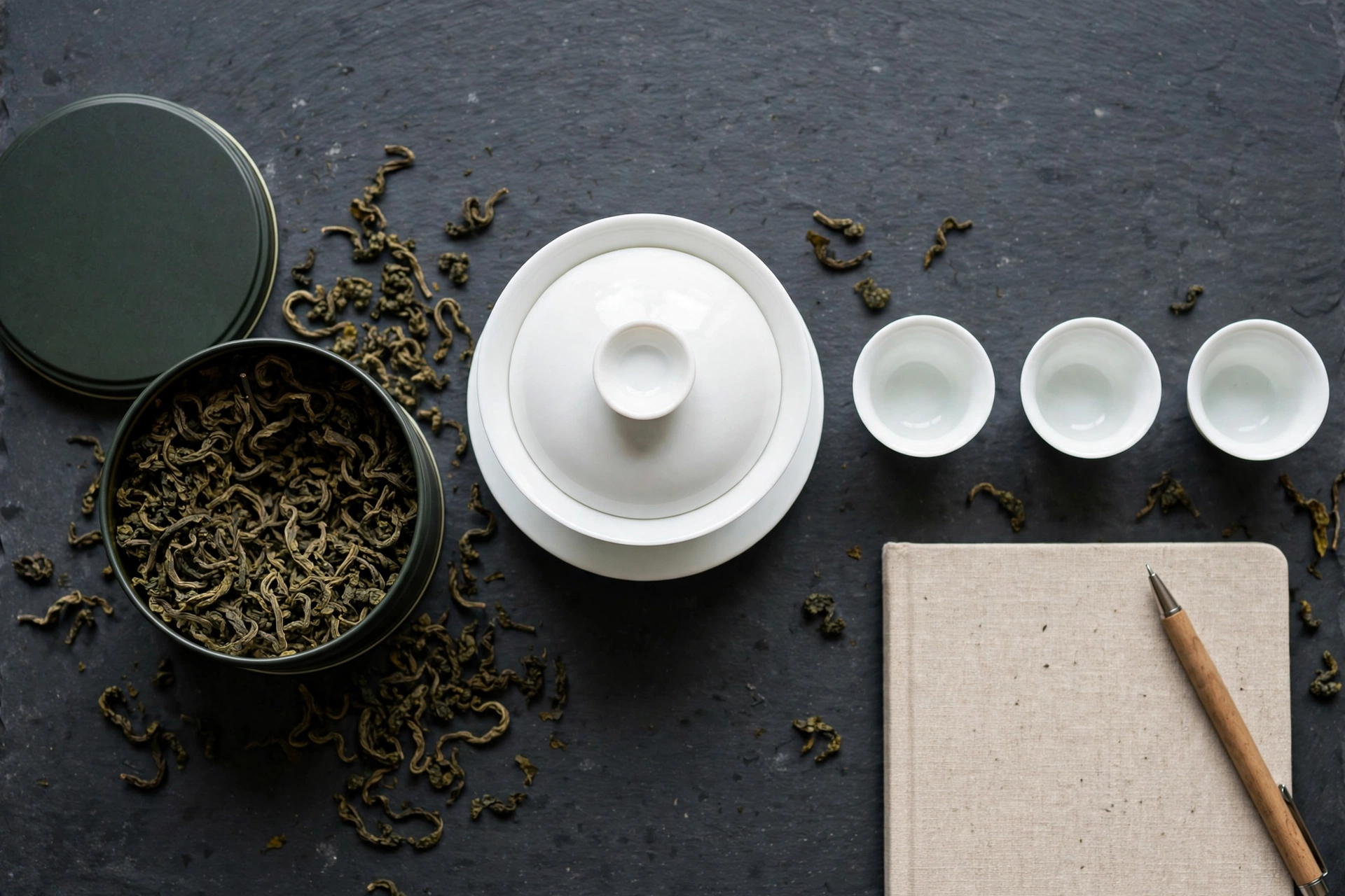 Tea tasting setup with gaiwan, cups, and tasting notes