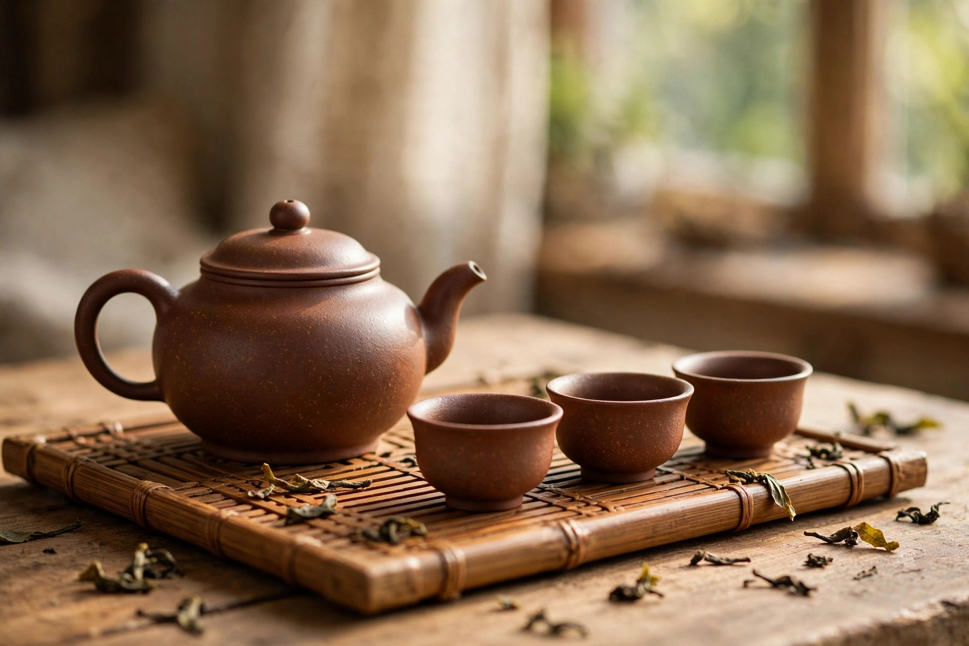 Clay teapot with tea cups on a bamboo tray